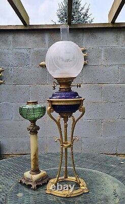 HUGE Rare St Louis French Empire Oil Lamp Glass Cobalt Blue Font Crystal Shade