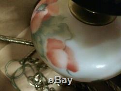 Hand Painted 1800s Victorian Oil Lamp Style Brass Chandelier Poppy Theme