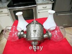 Hanging Rubbed Brass Angle Lamp Co. Double Burner Oil Lamp
