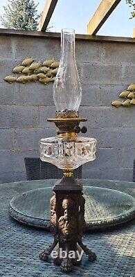 Heavy Original Victorian Gothic Cut Glass Crystal Oil Lamp Font Cast Iron Base