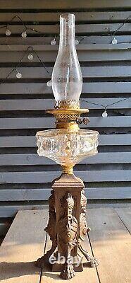 Heavy Original Victorian Gothic Cut Glass Crystal Oil Lamp Font Cast Iron Base