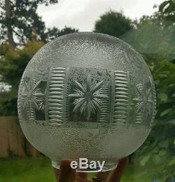 Heavy Victorian Deep Star Cut Glass Relief Etched Floral Oil Lamp Shade Duplex