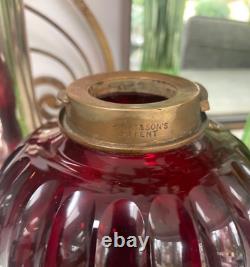 Heavy antique cranberry baccarat cut glass drop in font with Hinks duplex burner