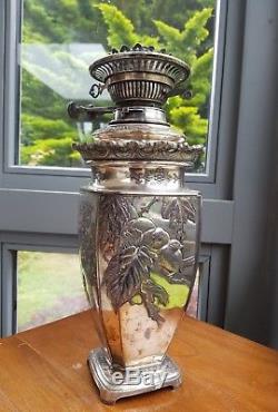 High Victorian Japanese Birds Geisha Girl Silver Plated Messengers Oil Lamp 15