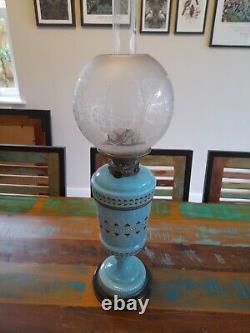 Hinks Victorian Blue Glass & Enamel Decor Oil Lamp