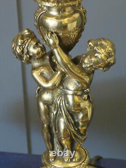 Huge Victorian Cast Brass Oil Lamp Converted To Electricity Held Up By Cherubs