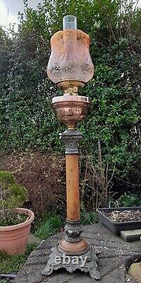 Huge Victorian Oil Lamp, Complete, Unusual Amber Etched Shade, Duplex, 87cm Tall