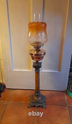 Huge Victorian Oil Lamp, Complete, Unusual Amber Etched Shade, Duplex, 87cm Tall