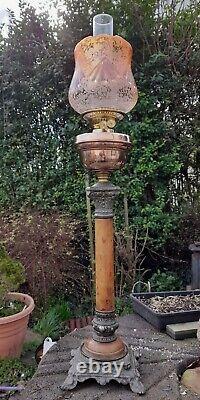 Huge Victorian Oil Lamp, Complete, Unusual Amber Etched Shade, Duplex, 87cm Tall