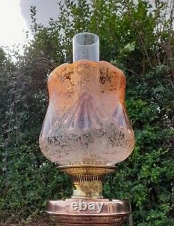 Huge Victorian Oil Lamp, Complete, Unusual Amber Etched Shade, Duplex, 87cm Tall