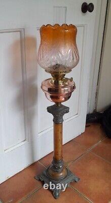 Huge Victorian Oil Lamp, Complete, Unusual Amber Etched Shade, Duplex, 87cm Tall