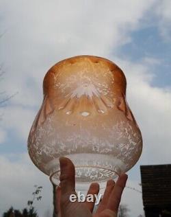 Huge Victorian Oil Lamp, Complete, Unusual Amber Etched Shade, Duplex, 87cm Tall