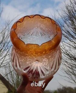 Huge Victorian Oil Lamp, Complete, Unusual Amber Etched Shade, Duplex, 87cm Tall