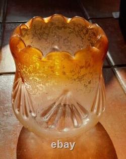 Huge Victorian Oil Lamp, Complete, Unusual Amber Etched Shade, Duplex, 87cm Tall