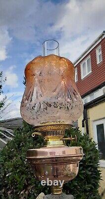 Huge Victorian Oil Lamp, Complete, Unusual Amber Etched Shade, Duplex, 87cm Tall