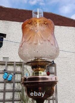 Huge Victorian Oil Lamp, Complete, Unusual Amber Etched Shade, Duplex, 87cm Tall