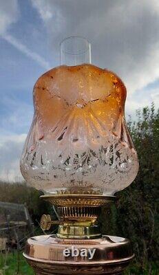 Huge Victorian Oil Lamp, Complete, Unusual Amber Etched Shade, Duplex, 87cm Tall