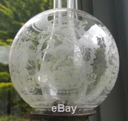 INTRICATE Victorian Nouveau Acid Etched Oil Lamp Globe Shade Putti Cherub Duplex