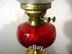 Impressive Victorian Brass Corinthian Column Oil Lamp Ruby Glass Font & Shade