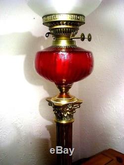 Impressive Victorian Brass Corinthian Column Oil Lamp Ruby Glass Font & Shade