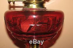 Irish Shamrock decorated victorian ruby cranberry glass oil lamp & etched shade