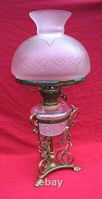J HINKS & Sons Phoenix Desk Table Oil Lamp Frosted Cut Glass Early 20th C