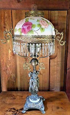 John Scott Victorian style 2 wick Oil Lamp Three Women Ladies hand painted Globe