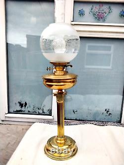 LARGE ANTIQUE VINTAGE BRASS OIL LAMP DUPLEX BURNER with ETCHED GLOBE SHADE