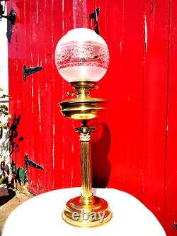 LARGE ANTIQUE VINTAGE BRASS OIL LAMP DUPLEX BURNER with ETCHED GLOBE SHADE