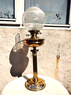 LARGE ANTIQUE VINTAGE BRASS OIL LAMP DUPLEX BURNER with ETCHED GLOBE SHADE