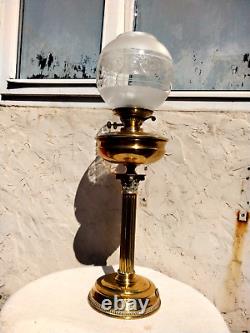 LARGE ANTIQUE VINTAGE BRASS OIL LAMP DUPLEX BURNER with ETCHED GLOBE SHADE