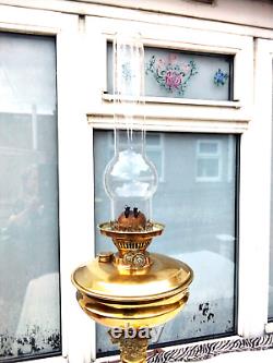 LARGE ANTIQUE VINTAGE BRASS OIL LAMP DUPLEX BURNER with ETCHED GLOBE SHADE