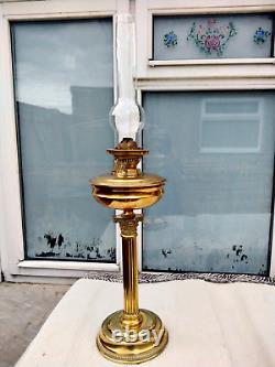 LARGE ANTIQUE VINTAGE BRASS OIL LAMP DUPLEX BURNER with ETCHED GLOBE SHADE