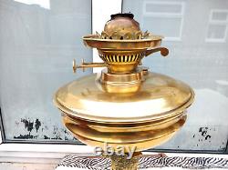 LARGE ANTIQUE VINTAGE BRASS OIL LAMP DUPLEX BURNER with ETCHED GLOBE SHADE