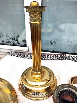 LARGE ANTIQUE VINTAGE BRASS OIL LAMP DUPLEX BURNER with ETCHED GLOBE SHADE