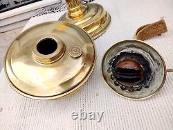 LARGE ANTIQUE VINTAGE BRASS OIL LAMP DUPLEX BURNER with ETCHED GLOBE SHADE