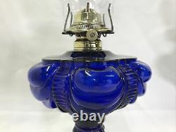 LARGE Antique c. 1880 Coolidge Drape Oil Lamp Cobalt Blue Glass Waterfall, Early