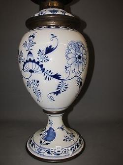 Large Fully Signed Early Meissen Onion Pattern Oil Lamp