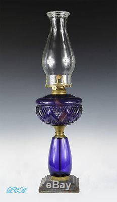 LARGE Victorian antique OIL LAMP BRASS iron and PURPLE glass EAPG decorated