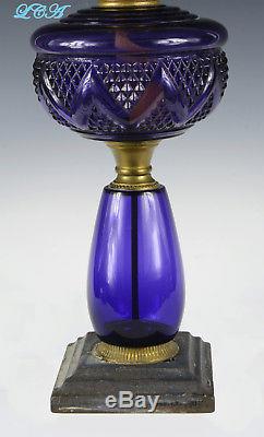 LARGE Victorian antique OIL LAMP BRASS iron and PURPLE glass EAPG decorated
