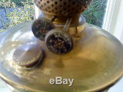 LOVELY VICTORIAN ART NOUVEAU ETCHED YELLOW GLASS SHADE ON BRASS OIL LAMP ON BASE