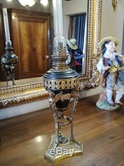 Lampe Pétrole Tripode Bronze Empire Cariatide Satyre Oil Lamp Victorian