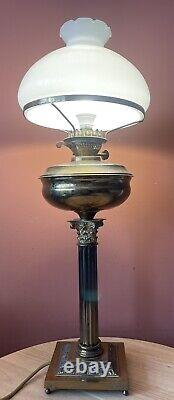 Large 62cm Brass Corinthian Column Oil Lamp Converted To Electric With Shade