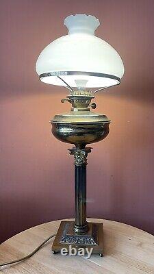 Large 62cm Brass Corinthian Column Oil Lamp Converted To Electric With Shade