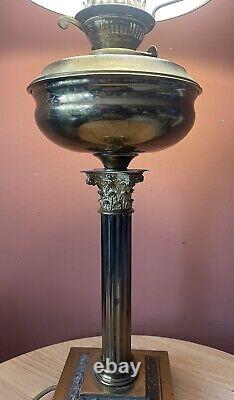 Large 62cm Brass Corinthian Column Oil Lamp Converted To Electric With Shade