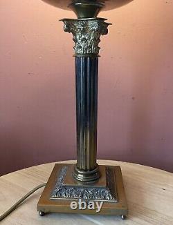 Large 62cm Brass Corinthian Column Oil Lamp Converted To Electric With Shade