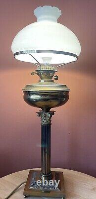 Large 62cm Brass Corinthian Column Oil Lamp Converted To Electric With Shade