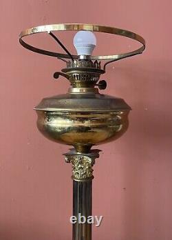 Large 62cm Brass Corinthian Column Oil Lamp Converted To Electric With Shade