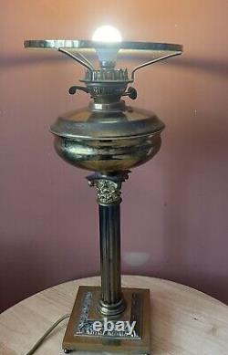 Large 62cm Brass Corinthian Column Oil Lamp Converted To Electric With Shade