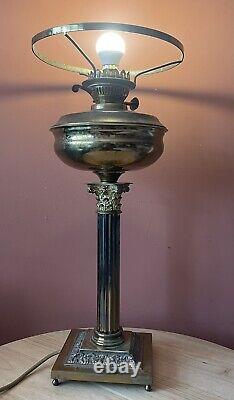 Large 62cm Brass Corinthian Column Oil Lamp Converted To Electric With Shade